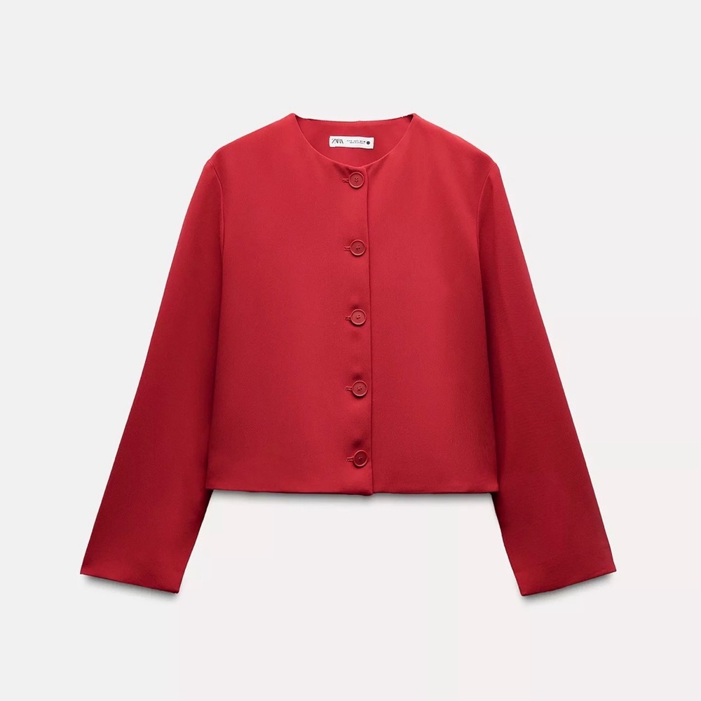 Zara Red Cropped Round-Neck Button Jacket